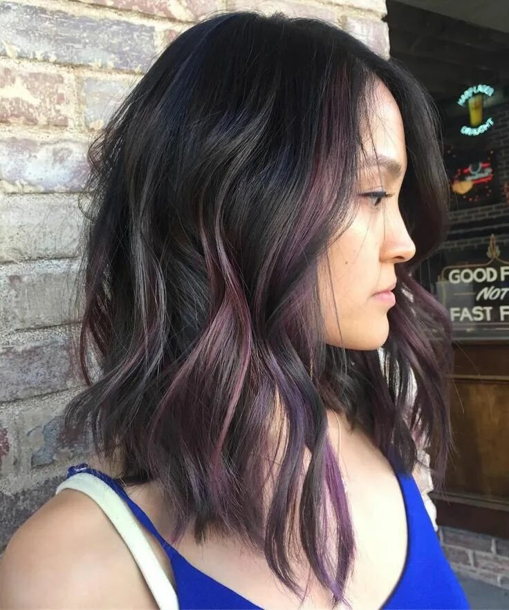 Пряди на темных волосах фото спереди Purple Balayage For Black Lob Dark hair with highlights, Partial balayage, Hair 