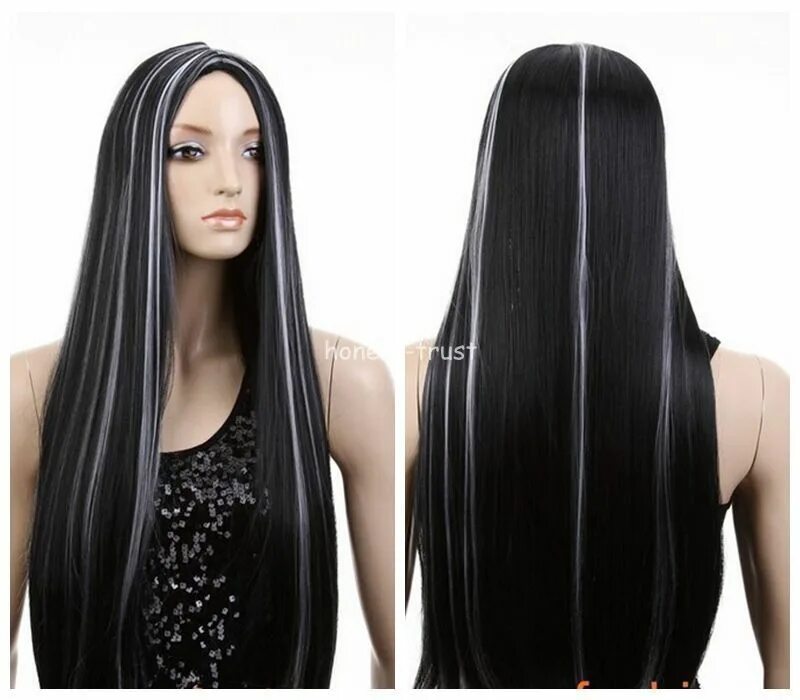 Пряди на темных волосах фото спереди Women Long Straight Hair Witch wigs Black White Mixed Cosplay Halloween Wig for 