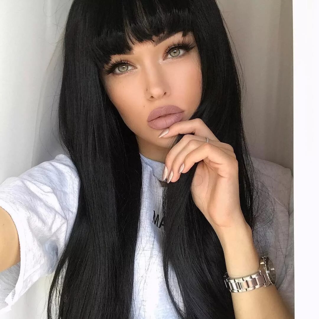 Прямая челка фото 2024 Long Black Straight Synthetic Lace Front Wig With Bang Long black hair, Hairstyl