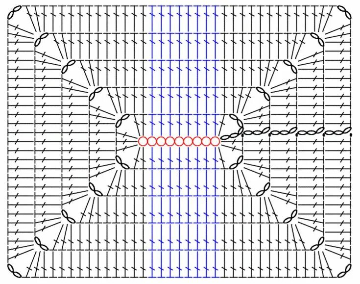 Прямоугольник крючком схема 正 方 形 の 編 み 図 を ア レ ン ジ し て.中 心 か ら 編 む 長 方 形 の 編 み 図 を