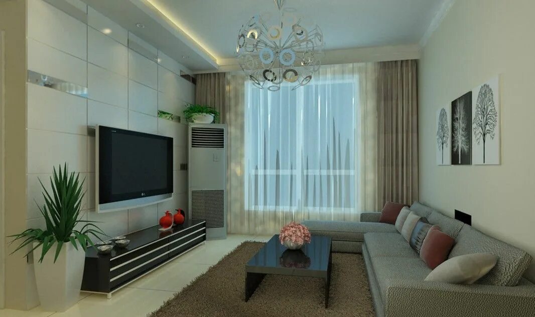 Прямоугольный зал в квартире дизайн фото Modern Minimalist Living Room with Spherical Chandeliers