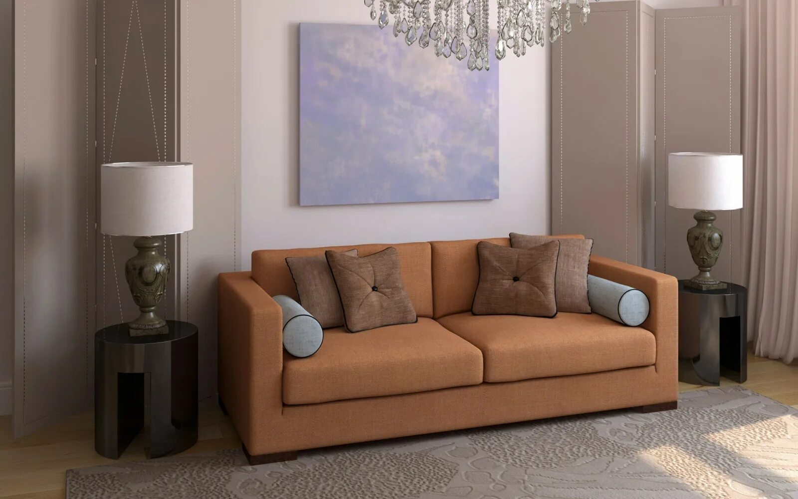 Прямые диваны в интерьере гостиной Wallpaper : space, brown, interior design, sofa, floor, style, lamps, apartment,