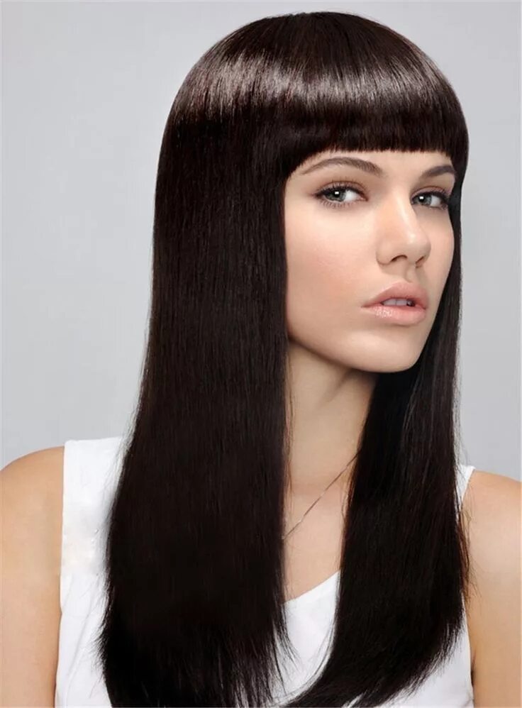 Прямые волосы с челкой укладка фото Full Bangs Long Straight Capless Synthetic Hair Wig 18 Inches Long hair styles, 