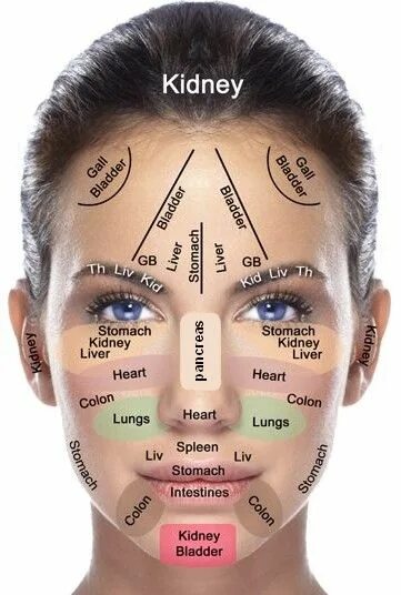 Прыщи схема расположения на лице tsubo's on the face for acupressure corrosponding the organs Reflexologie, Akupr