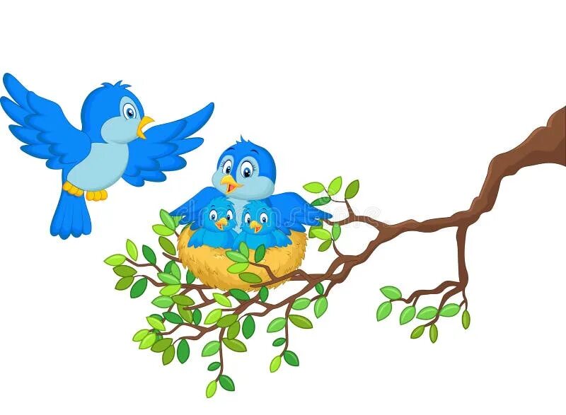 Птички для оформления группы в детском саду Cartoon Birds with Her Two Babies in the Nest Stock Vector - Illustration of hom