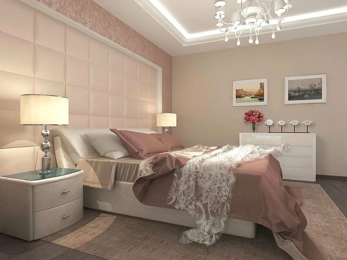 Пудровые цвета в интерьере спальни Champagne color room - 77 photo