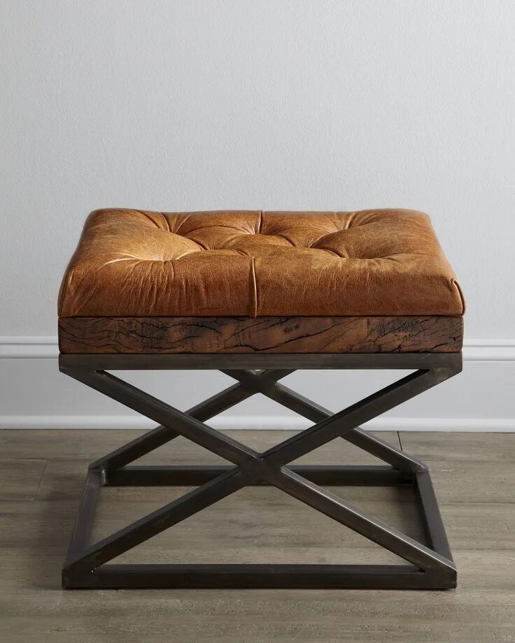 Пуф в стиле лофт Warona Leather Bench - Horchow ( Bench Wood Leather Antique Solid Upholstered Br