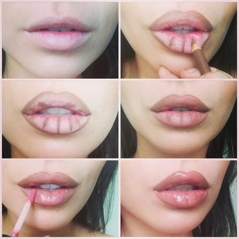 Пухлые губы макияж Small to juicy lips tutorial. Rimmel 1000 kisses liner in tiramisu and MAC plush