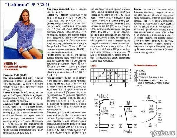 Пуловер с капюшоном женский спицами схема Худи OK.RU Вязание, Вязанные свитера, Шитье