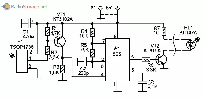 Пульт своими руками схема Ретранслятор ИК-сигнала для управления спутниковым тюнером (TSOP1736, 555)