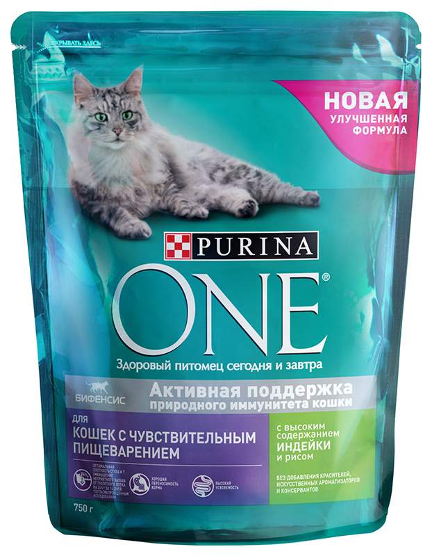 Пурина для кошек фото Сухой корм для кошек PURINA ONE, чувствительное пищеварение, индейка и рис, 750 