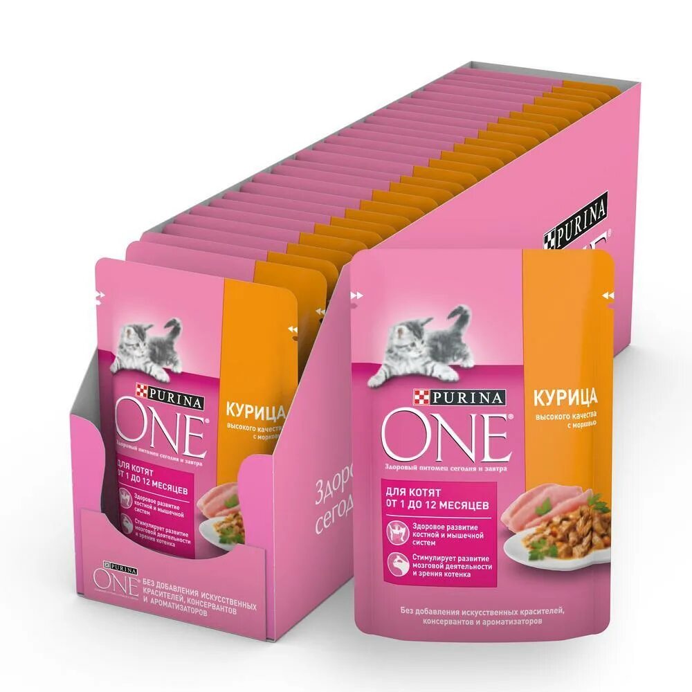 Пурина корм для котят фото Влажный корм Purina ONE для котят, с курицей и морковью, 0.075 кг, 13 шт. - купи