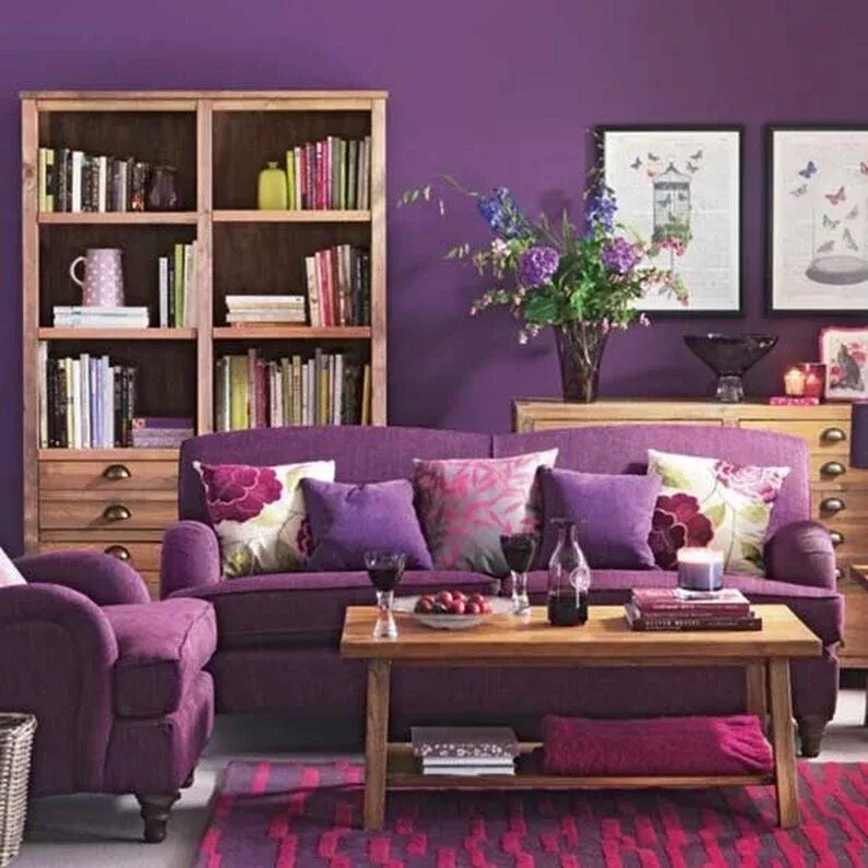 Пурпурный цвет в интерьере Фотография Purple living room, Purple living room furniture, Grey wallpaper livi