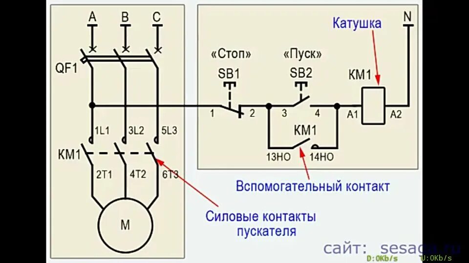 Пускатель тепловое реле кнопка пуск подключение Схема включения трехфазного двигателя через пускатель