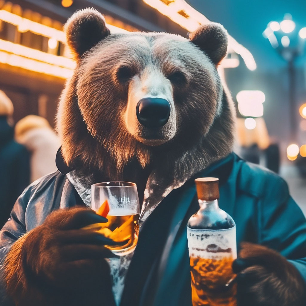 Пьяные медведи фото "Drunk bear with vodka and kolashnikov." - image created in Shedevrum