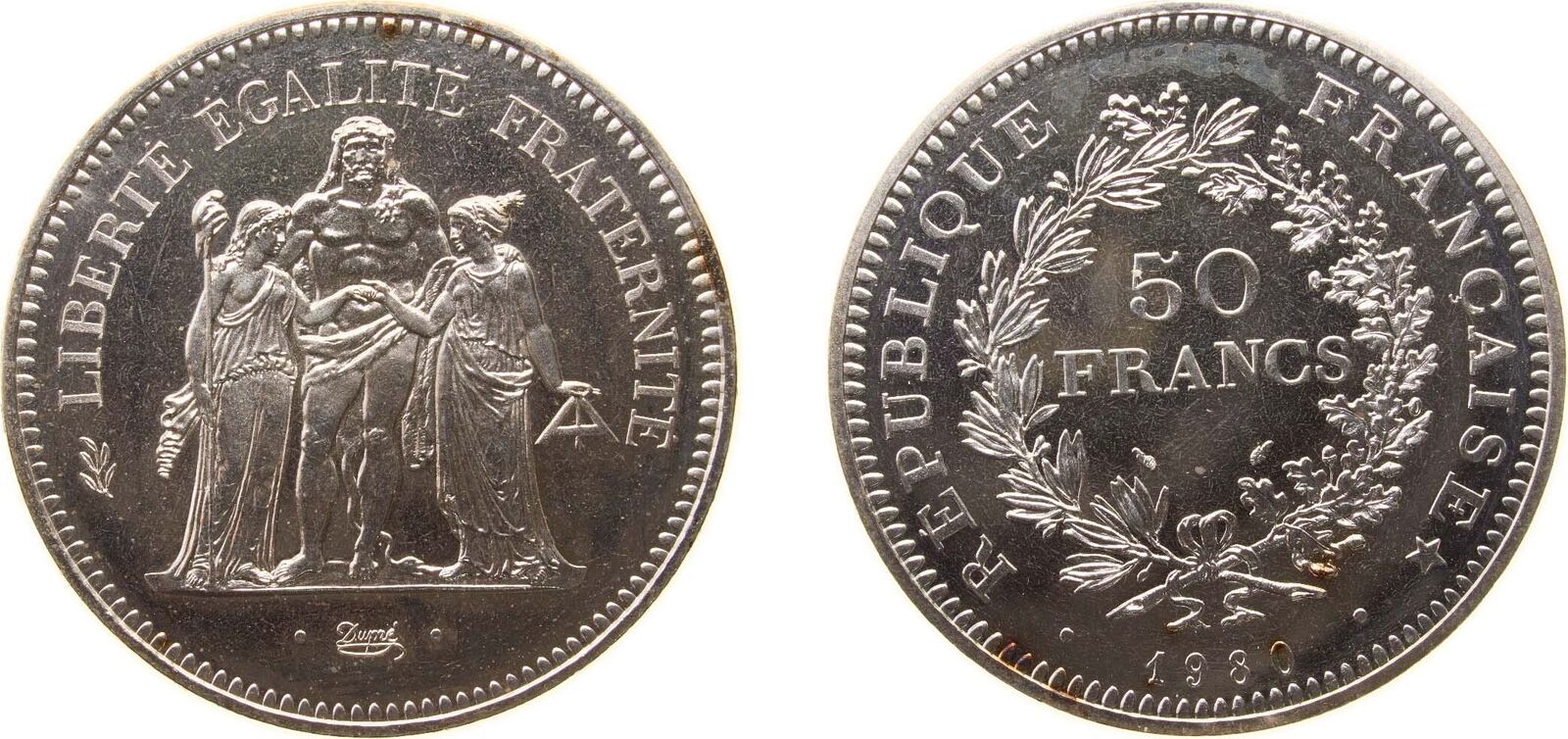 Пятая республика фото France Fifth Republic 1980 50 Francs Silver (.900) (Copper .100) (60000) 30g BU 