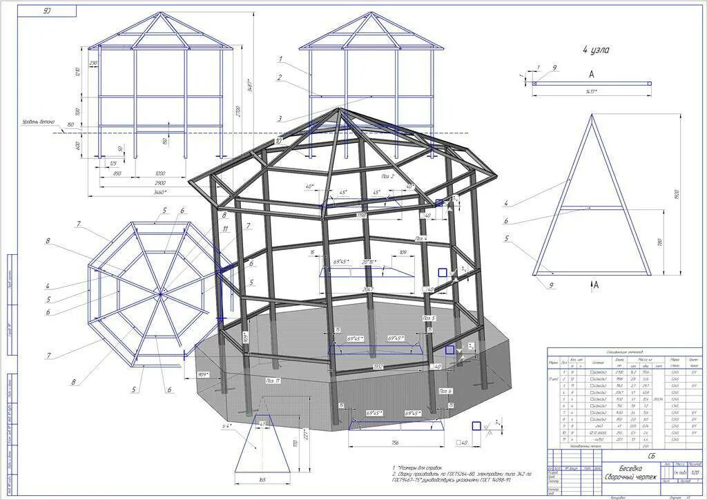 Беседки: 100 чертежей, размеров и пошаговых фото сборки. Gazebo plans, Garden ga