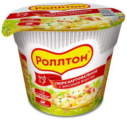 Пюре быстрого приготовления фото Пюре картофельное "Роллтон" с Мясным вкусом, в стакане 40 г. 24 шт. - купить в и