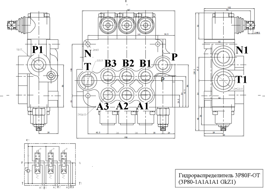 Р80 3 1 22 гидрораспределитель схема подключения Гидрораспределитель моноблочный 3Р80-1А8А8А8 GkZ1
