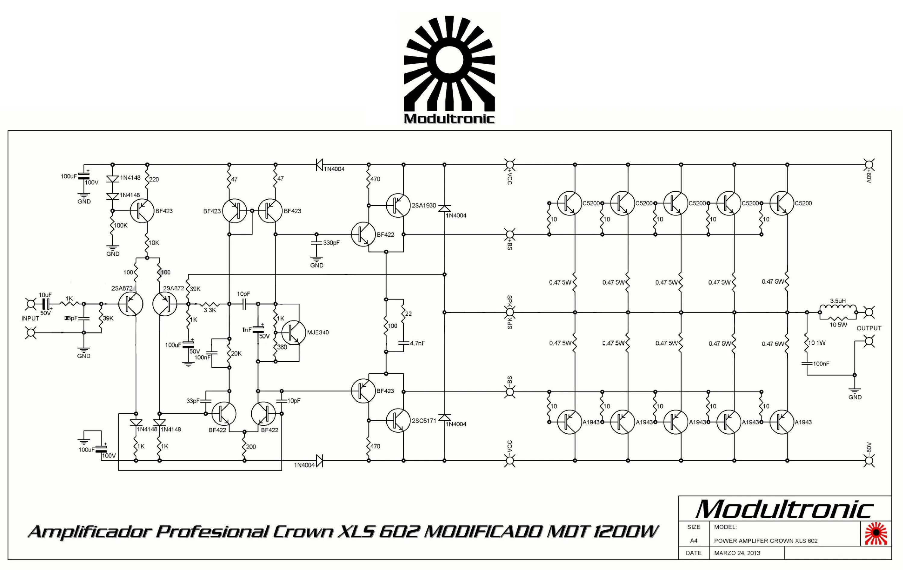 Рабочая схема усилителя DIY CROWN XLS602 5P amplifier project with Komitart LAY6.