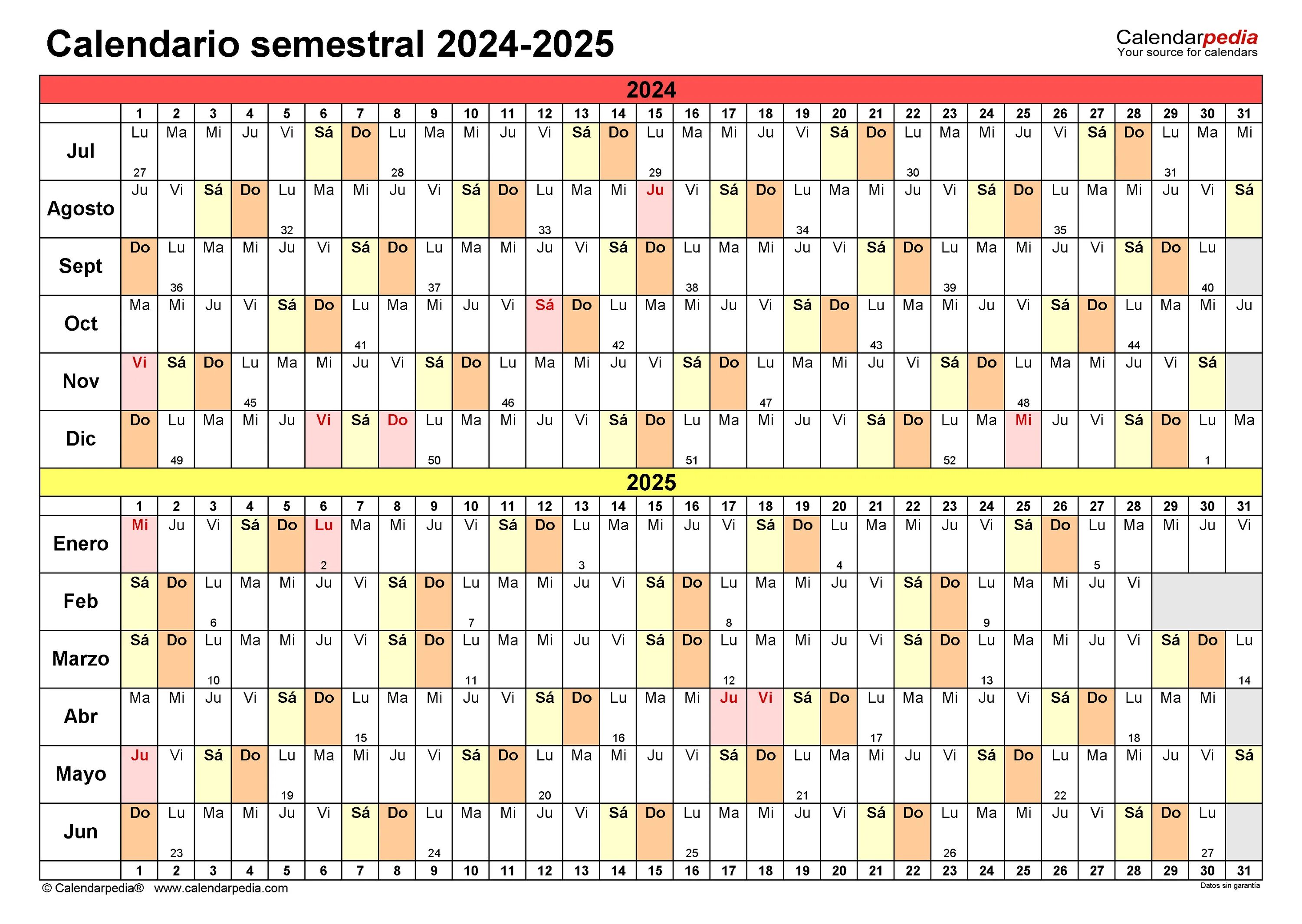 Рабочий календарь на 2024 2025 учебный год Calendario semestral 2024-2025 en Word, Excel y PDF