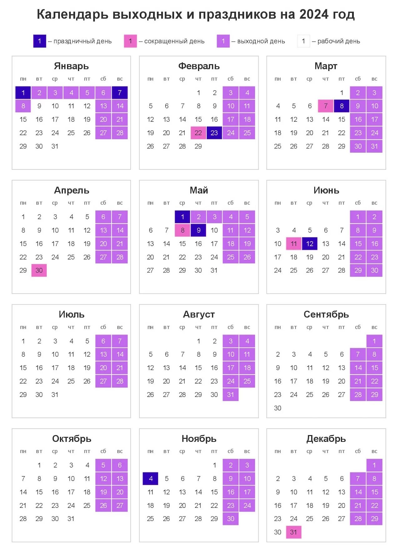 Рабочий календарь на 2024 год россия Выходные и праздничные дни в 2024 году - производственный календарь