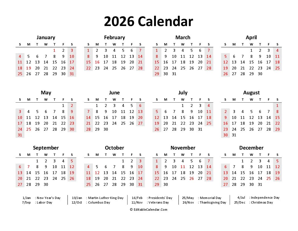 Рабочий календарь на 2026 год Printable 2026 Calendar