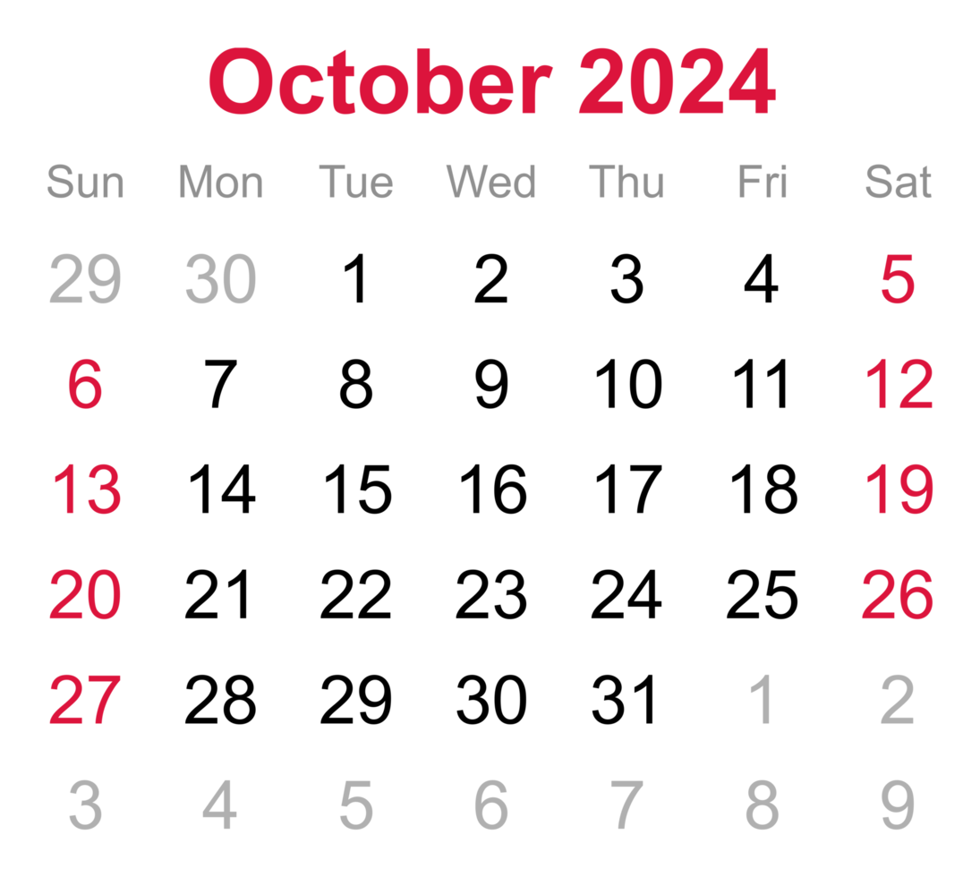 Рабочий календарь на октябрь 2024 года Monthly calendar of October 2024 on transparent background 18745737 PNG