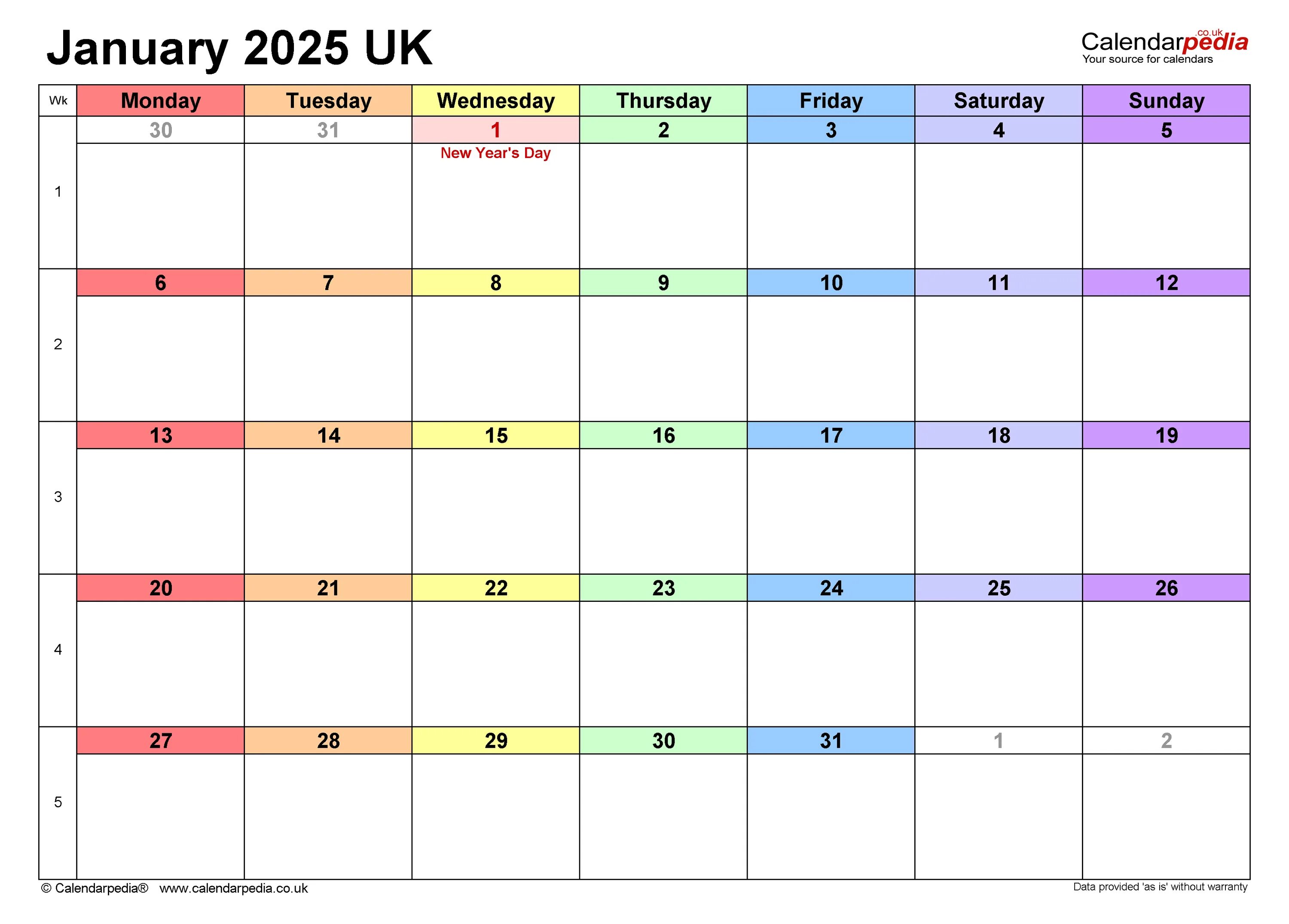 Рабочий календарь на январь 2025 года Calendar January 2025 UK with Excel, Word and PDF templates