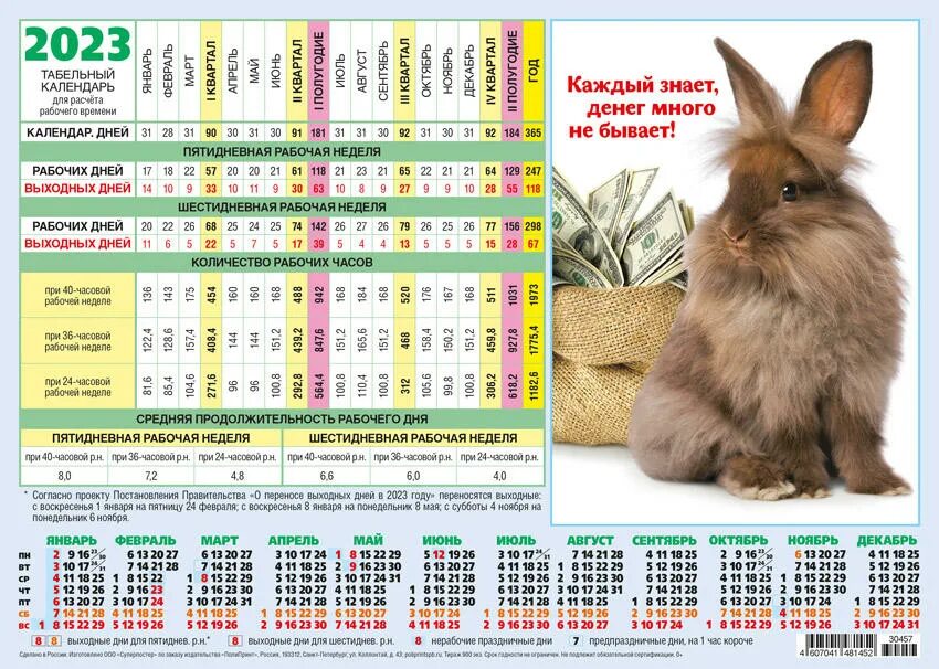 Рабочий табель календарь на 2024 год производственный Табельный календарь А4 2023. Год Кролика. Деньги уп.50шт. Купить оптом в Новосиб