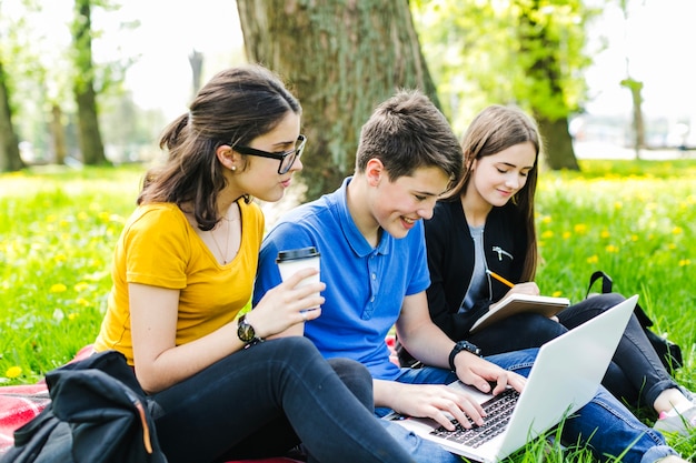 Teenagers working on laptop in school campus. Стоковое фото № 33317805, фотограф