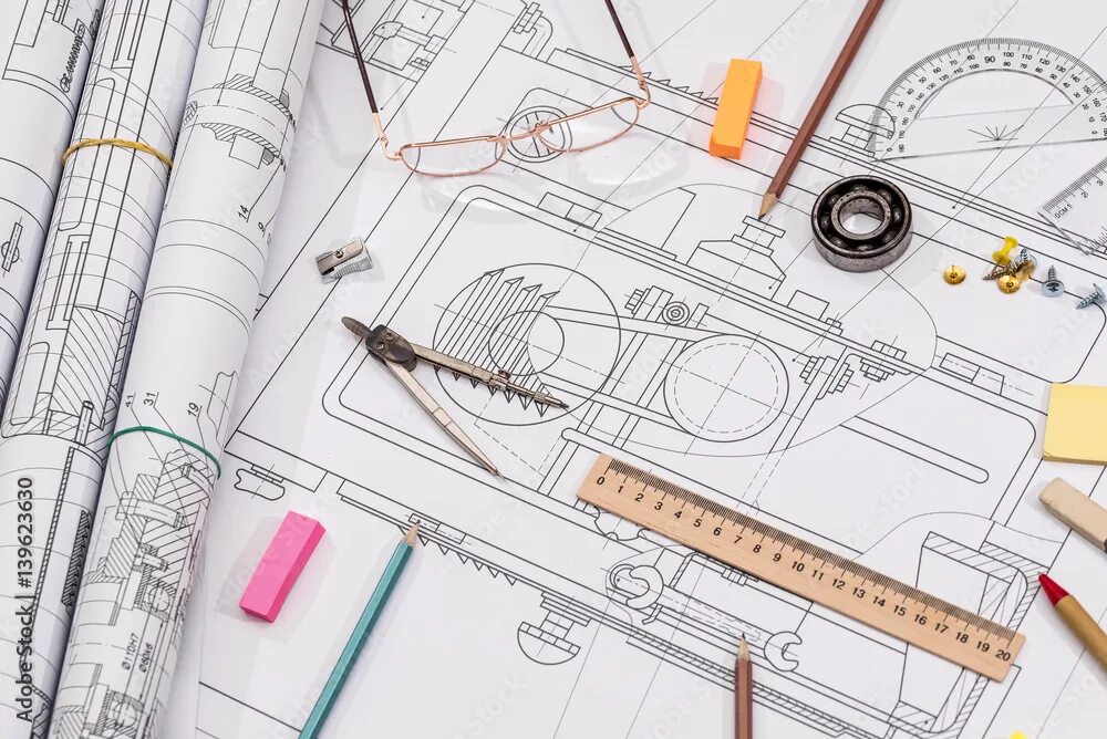 Работа с чертежами на дому Workplace - technical project drawing with engineering tools. Construction backg