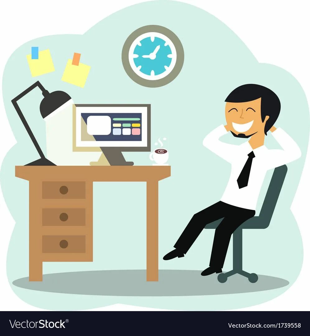 Работник картинка для презентации Happy office worker at the desk vector illustration. Download a Free Preview or 