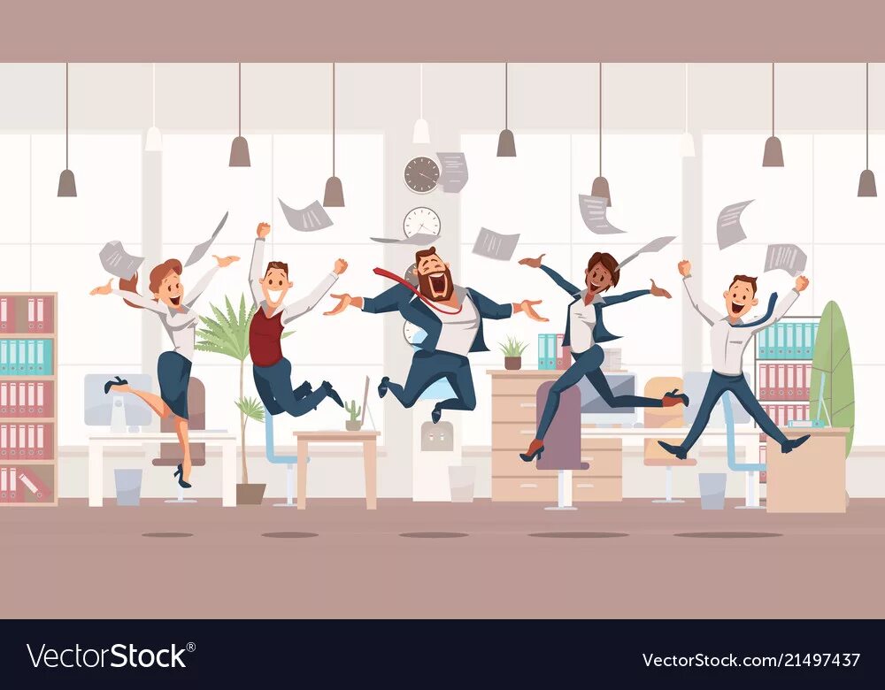 Работник зала картинка Happy office workers jumping Royalty Free Vector Image