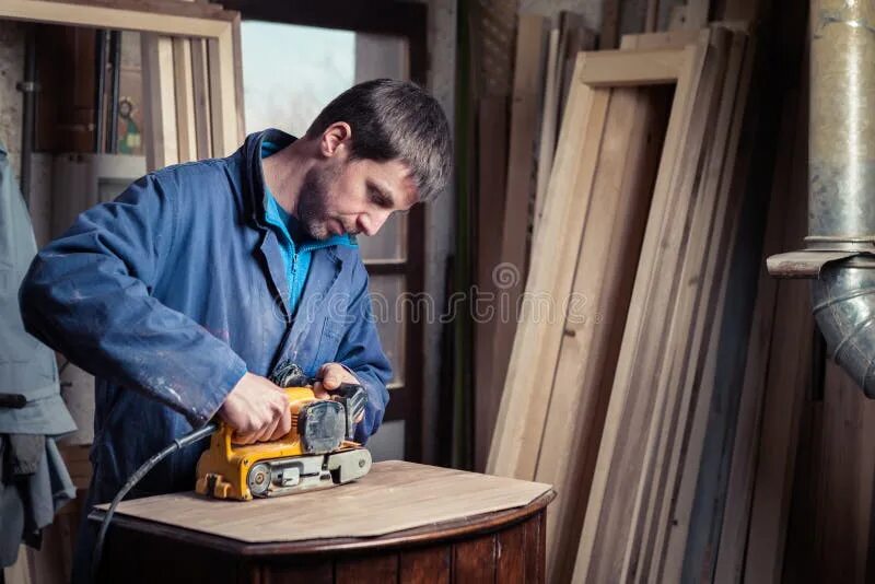 Работы плотников фото Carpenter Restoring Furniture with Belt Sander Stock Image - Image of artisan, f