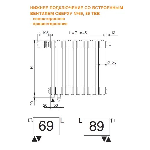 Радиатор 10 секций нижнее подключение Трубчатый радиатор Arbonia 3037/34, нижнее подключение с вентилем № 69 ТВВ, белы