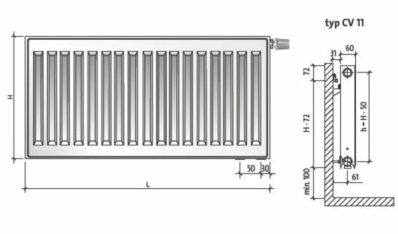 Радиатор 11 400 1400 с левым подключением Grzejnik płytowy PURMO Ventil Compact CV11 500x2000, moc 1736W F07110502001 Dobr