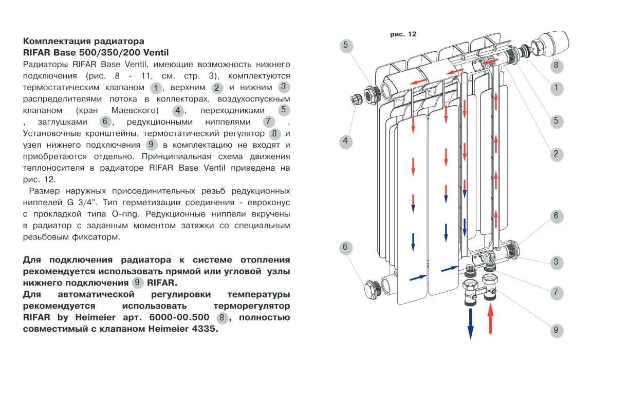 Радиатор 200 биметаллический нижнее подключение Rifar Base Ventil 350 21 секция биметаллический радиатор с нижним левым подключе