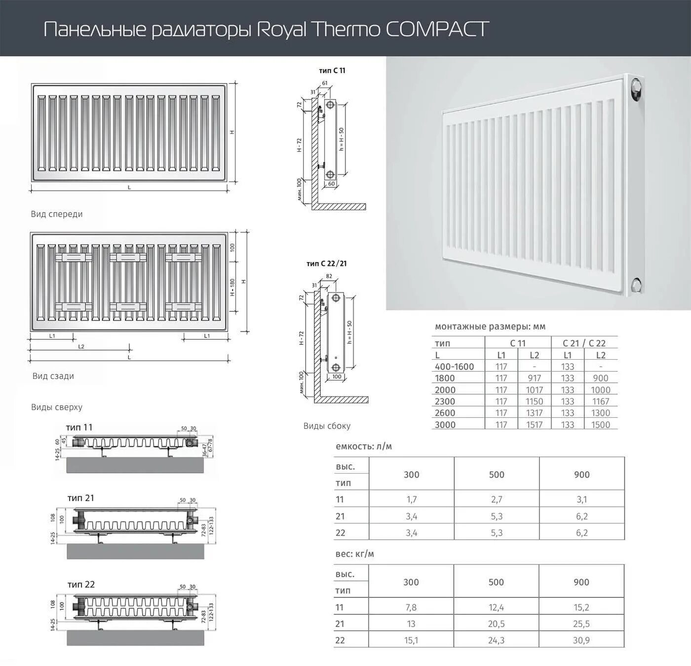 Радиатор 22 тип подключение нижнее Купить Стальной панельный радиатор Тип 11 Royal Thermo COMPACT 11-600-1100 по лу