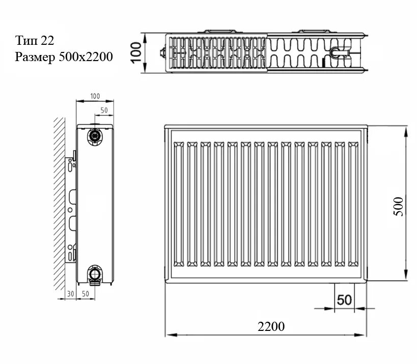 Радиатор 500 1200 нижнее подключение Радиатор стальной панельный Azario 22 500*2200, белый, AZ-C22-500-2200 купить в 