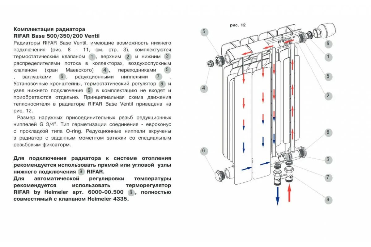 Радиатор биметаллический подключение 3 4 Радиатор биметалл Rifar BASE VENTIL VL 500 x3/4", 8 секции 1576вт