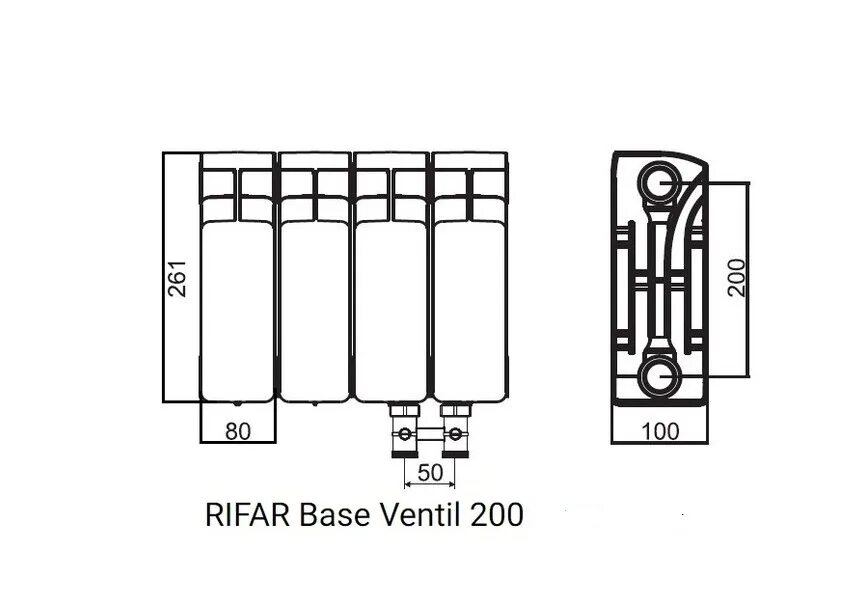 Радиатор рифар 200 нижнее подключение Биметаллический радиатор RIFAR BASE VENTIL B200-6 сек. подключение нижнее левое 