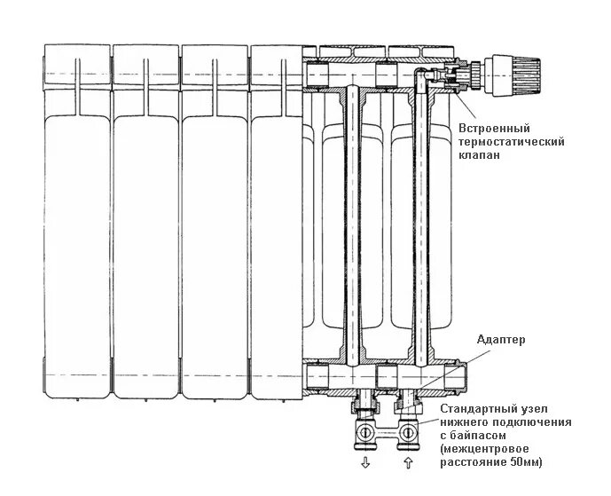 Радиатор с нижним подключением чертеж Радиатор биметаллический Rifar Base Ventil 200 4 секции в Москве - интернет-мага