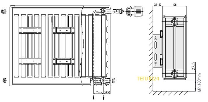 Радиатор с нижним подключением размеры Радиатор Axis 22 300x900 Ventil