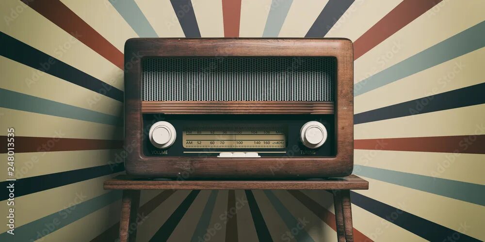 Радио ретро фото Radio old fashioned on wooden table, retro wall background, 3d illustration Иллю