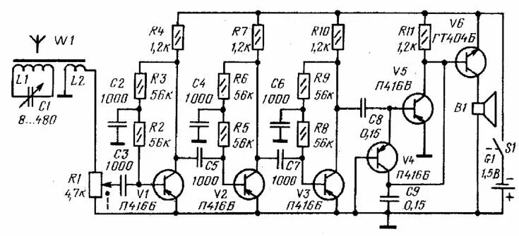 Радиолюбительские схемы своими руками Схема радиоприемника прямого усиления на 6 транзисторах (питание 1,5В) Радиолюби