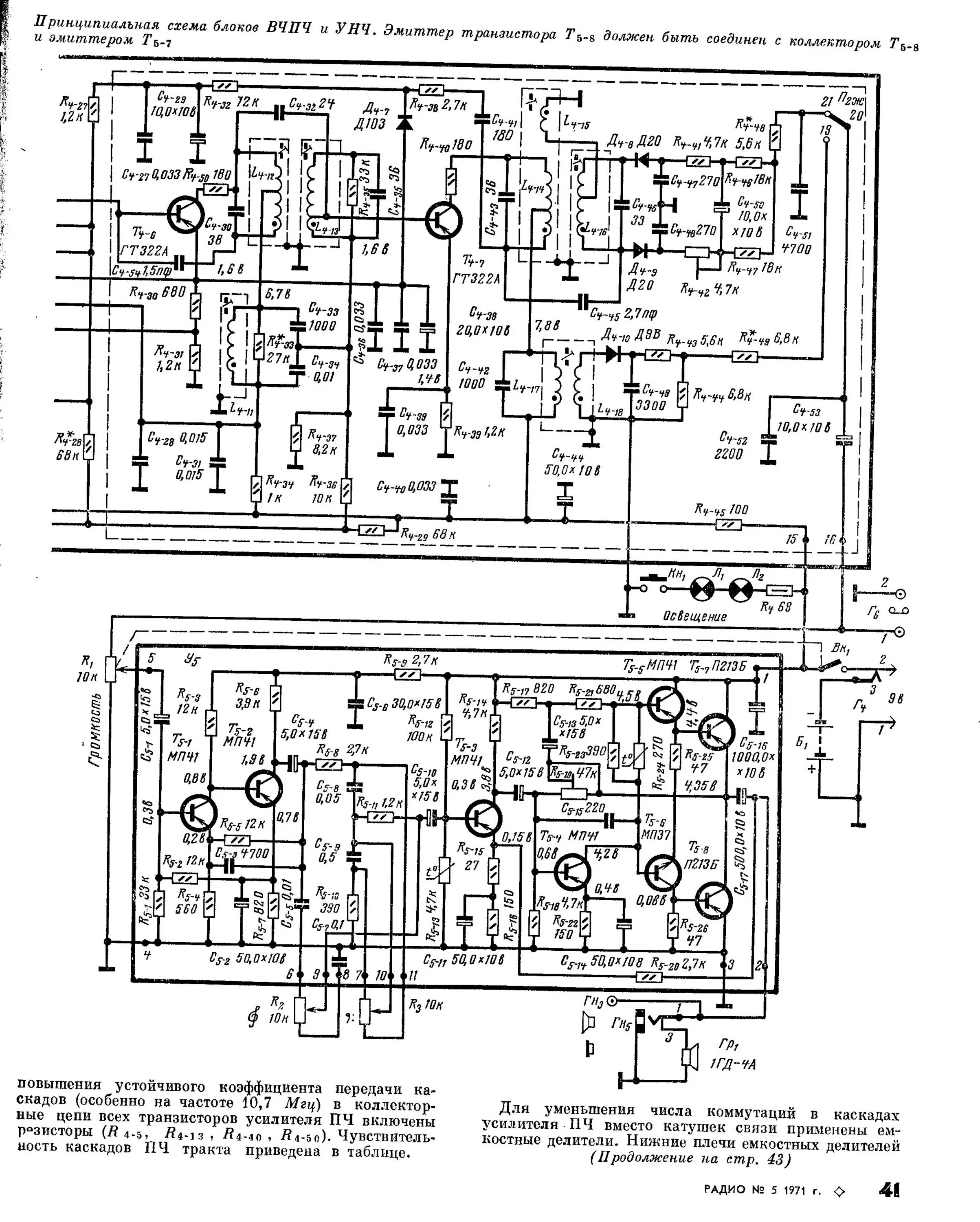 Радиоприемник океан 214 схема электрическая принципиальная Стр. 41 журнала "Радио" № 5 за 1971 год (крупно)