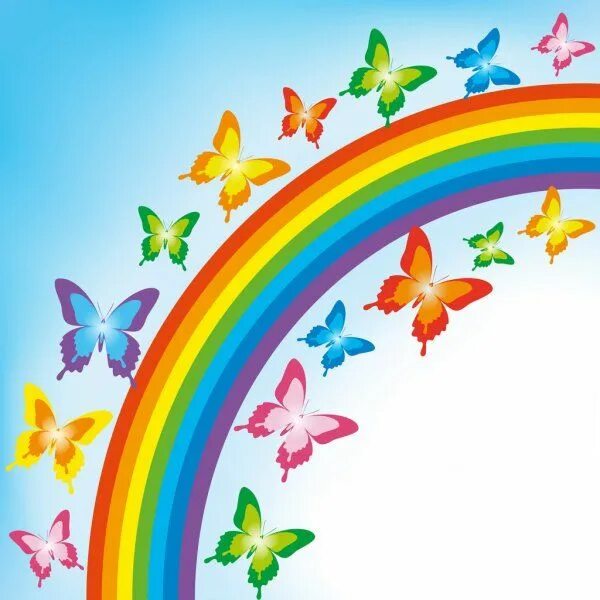 Радуга для оформления группы в детском саду Colorful Butterfly Wallpaper with Rainbow