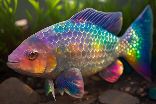 Радужная рыба фото Premium Photo A rainbow fish is displayed in a garden.