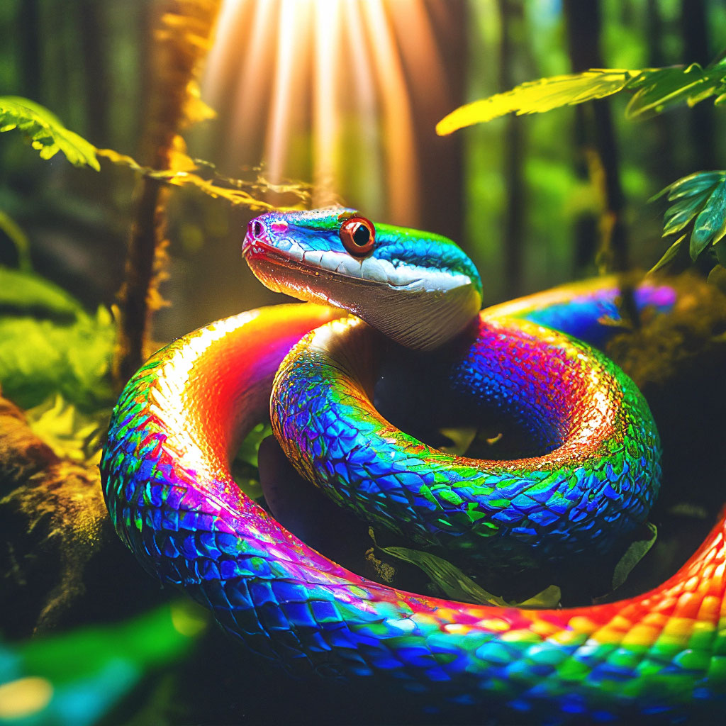 Радужная змея фото "Rainbow snake in the dense forest, ." - image created in Shedevrum